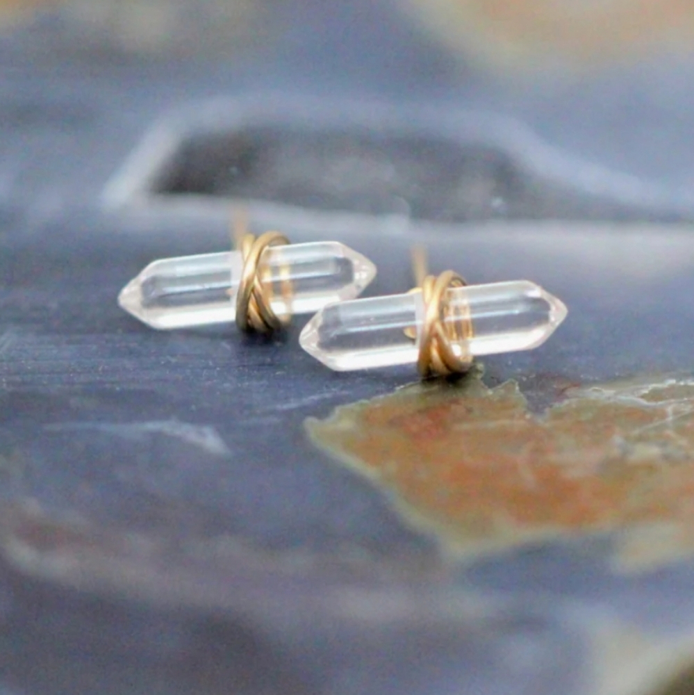 New Gold Wire Wrapped Crystal Quartz Stud Earrings.